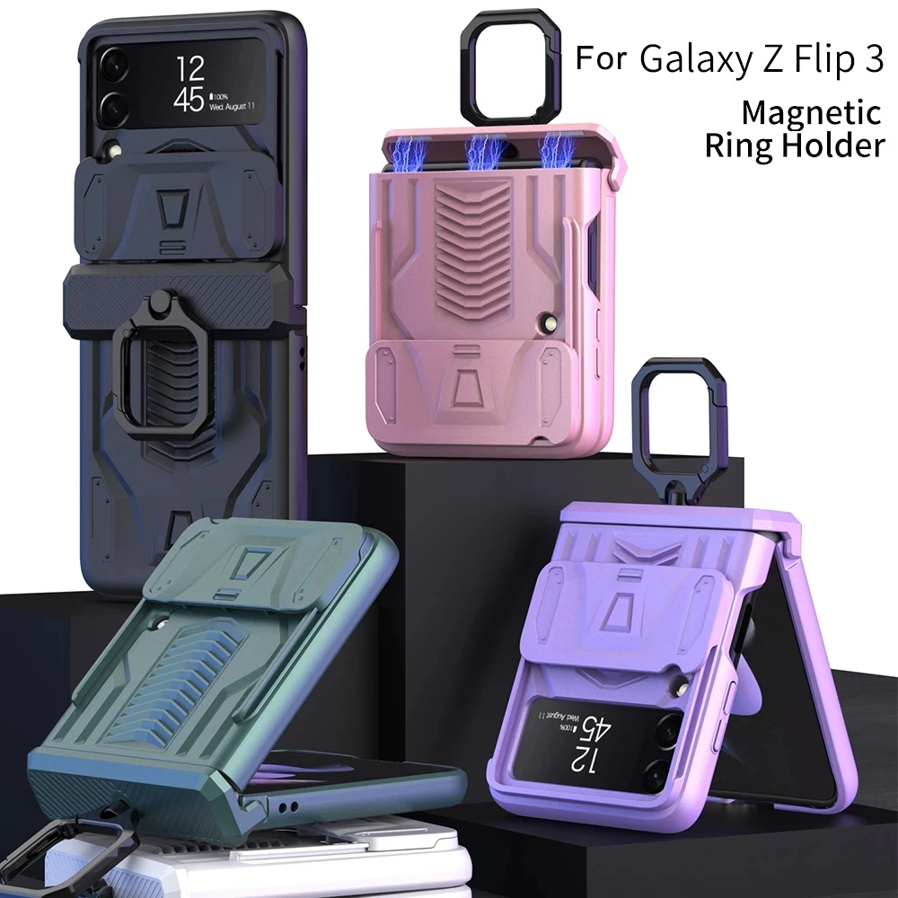 

Magnetic Hinge Slide Lens Cover Ring Holder Case For Samsung Galaxy Z Flip 3 5G Hard Armor Shockproof Stand Cover Flip3 5G Case