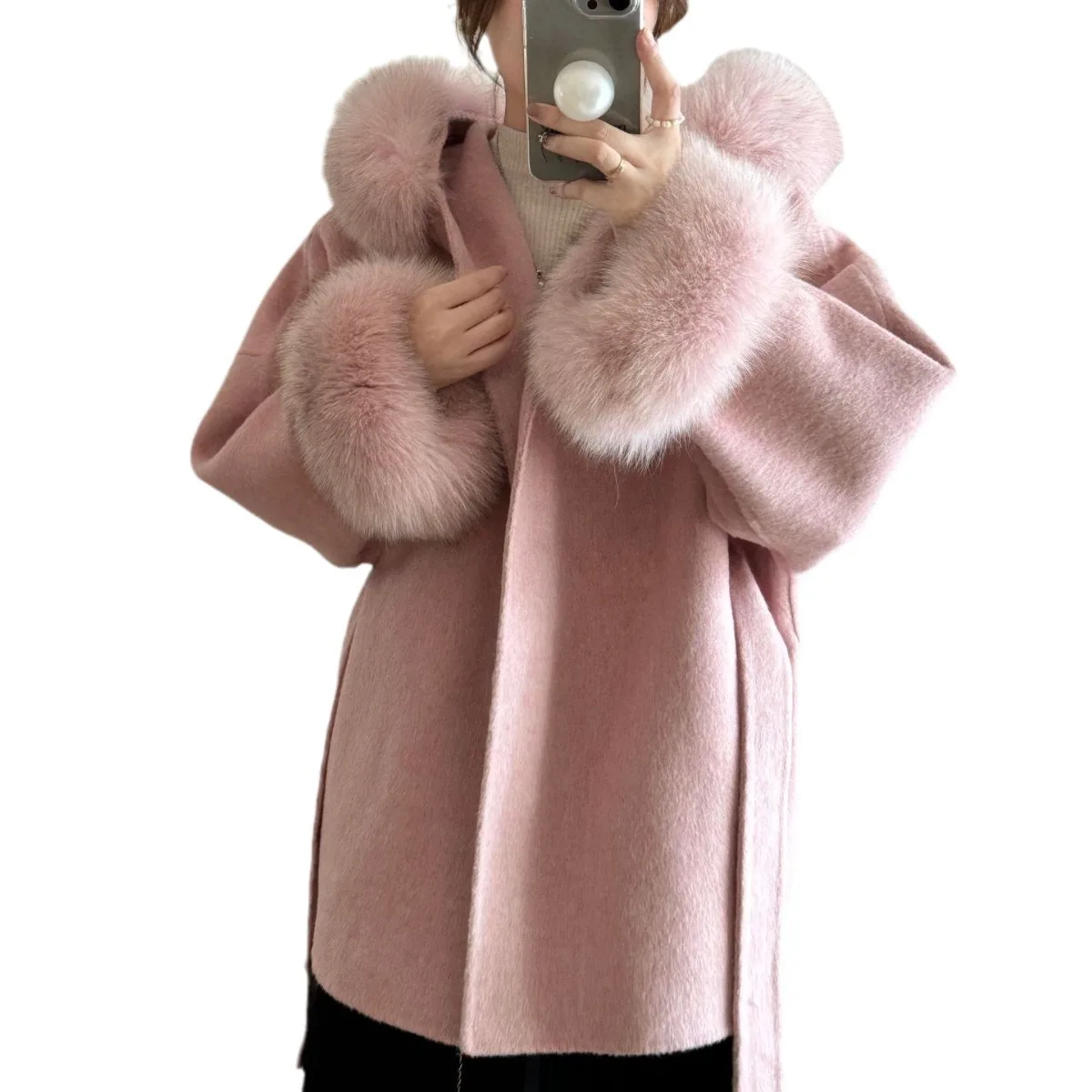 Лисий волос с капюшоном Элитный темперамент Мао шнуровка Двусторонняя шерсть