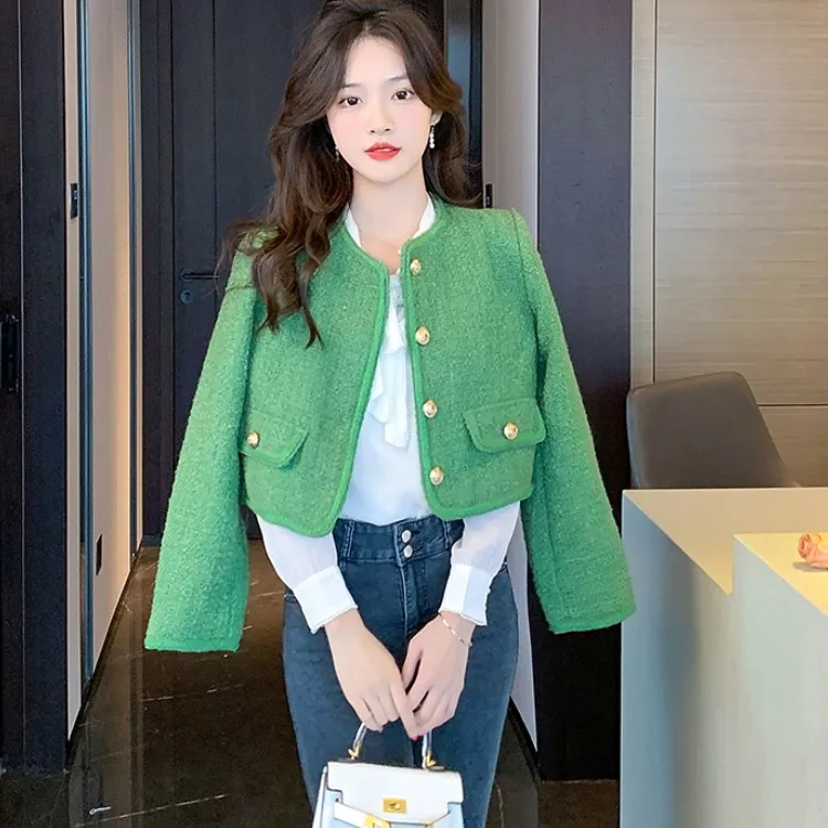 

Женская твидовая короткая куртка, маленькая Очаровательная куртка в винтажном стиле с длинным рукавом, зеленая элегантная верхняя одежда, ...