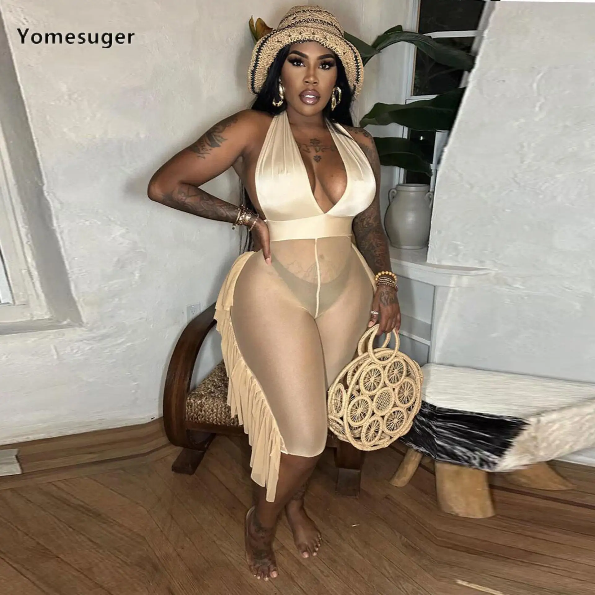 

Yomesuger Sexy Mesh Splice Ruffles Halter Bandage Wrap Chest Backless Playsuits Women 2023 Fashion Street Party One Piece Romper