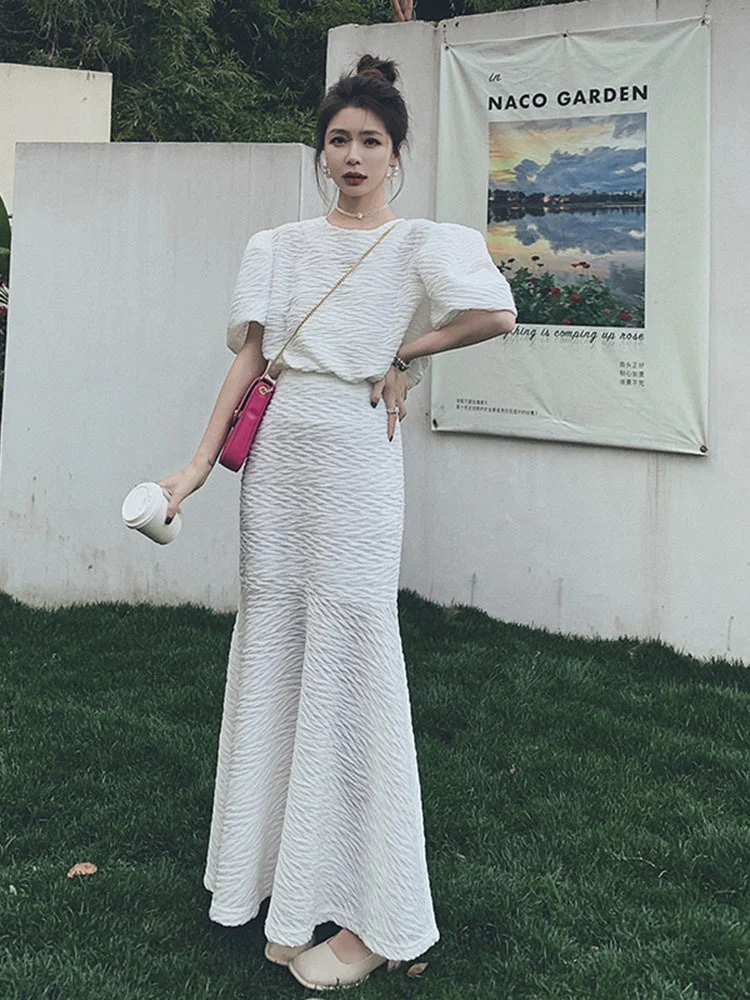 

Elegant Skinny Long Dress Women Solid Color Round Collar Short Puff Sleeve Folds 2022 Fashion Female Clothing B195