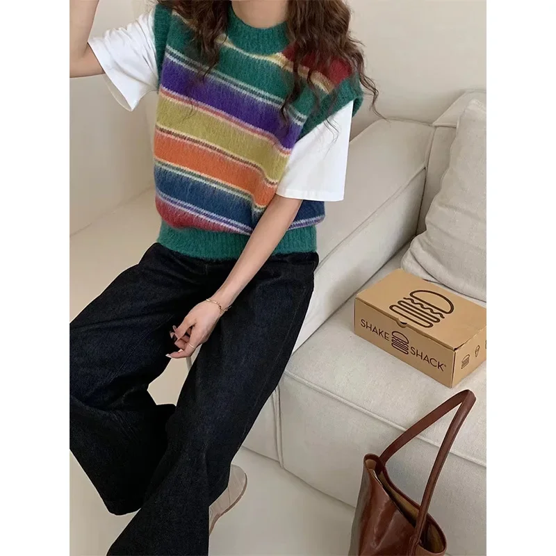 Красочный полосатый вязаный жилет женская верхняя одежда осень/зима 2023 новый