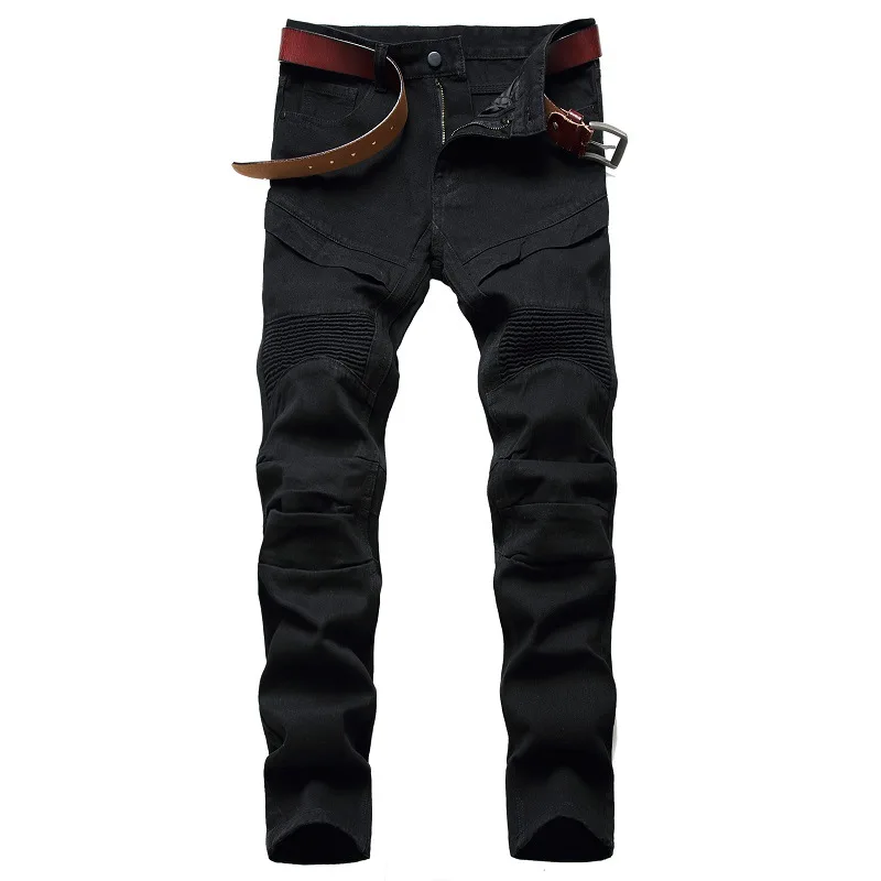 Fashion White Motorcycle Jeans Men's Personality Men's  Pants Solid Color Casual Denim Jeans for Men Straight Spliced 90s Jeans