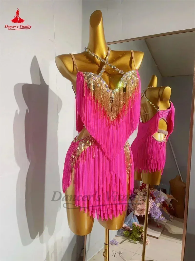 Платье с бахромой для латинских танцев женская одежда выступлений камнями AB