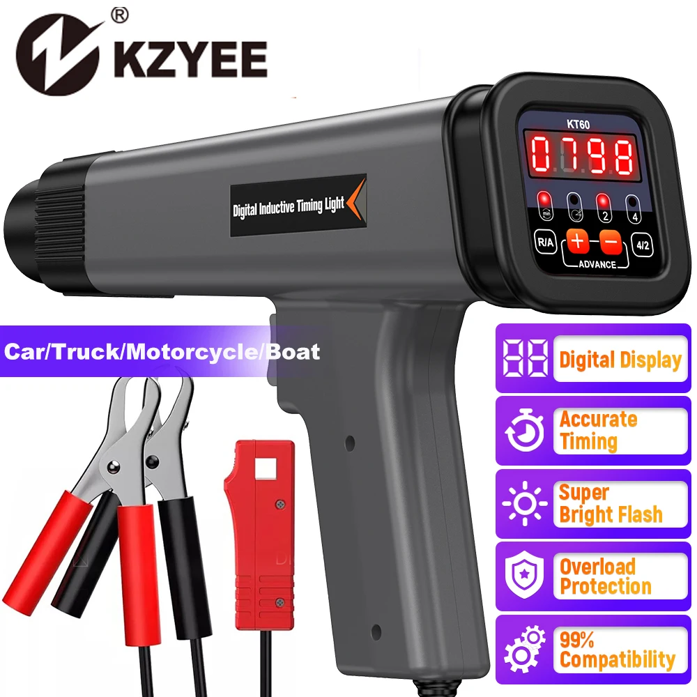 

KZYEE KT60 Автоматический цифровой 2 и 4-тактный бензиновый двигатель, таймер, 12 В, индуктивная стробоскопическая лампа, детектор, автомобильный свет зажигания