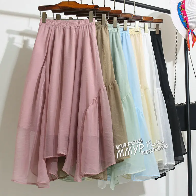 

Korean Fashion Irregular Skirt for Girl A-line Pleated Summer Midi Skirts Female Elastic High-waisted Faldas Woman Dropshipping
