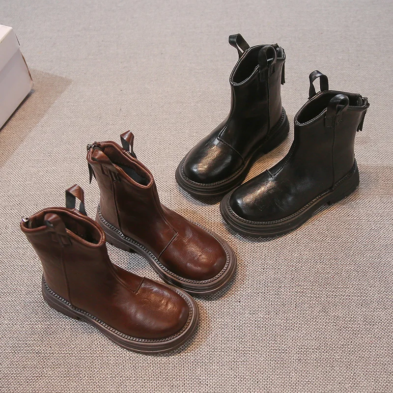 Демисезонные Модные Ботинки С Низким Вырезом Для Девочек И Боковой Молнией На