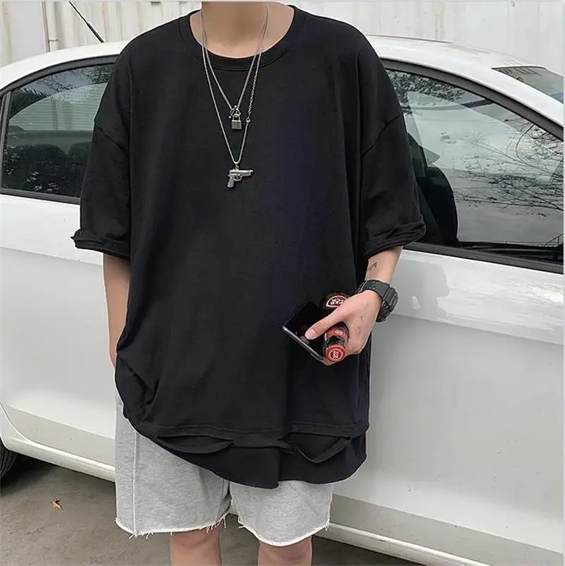 

Men's Solid Color Casual Short Sleeve T-Shirt Large Hong Kong Fashion Hole Fashion Hip Hop Summer Super Loose T-Shirt
