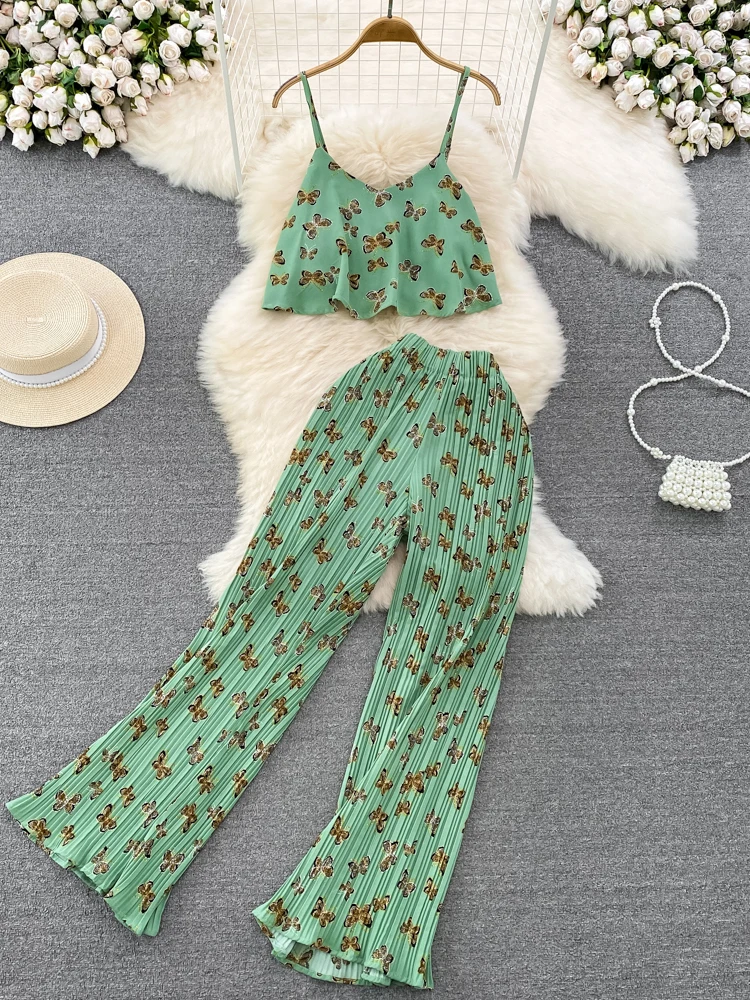 

Women Summer Pant Sets Small Fresh Butterfly Print Suspender Vest Two-piece Casual High Waist Slim Pleated Wide Leg Pants D3239