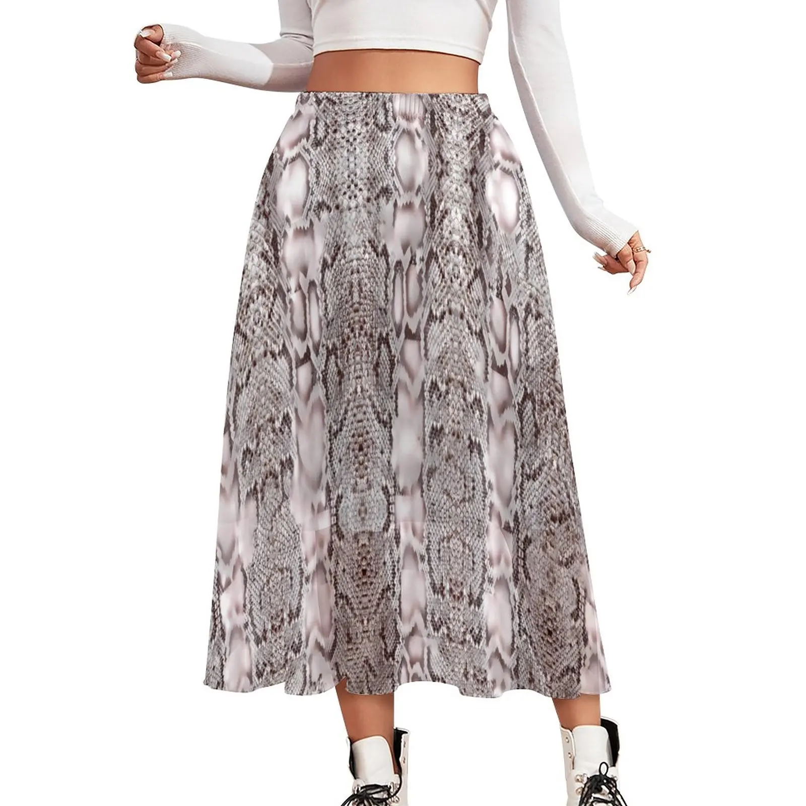 

Snakeskin Print Skirt White And Brown Trendy Long Skirts Summer Aesthetic High Waist Chiffon Graphic Oversized A-line Skirt