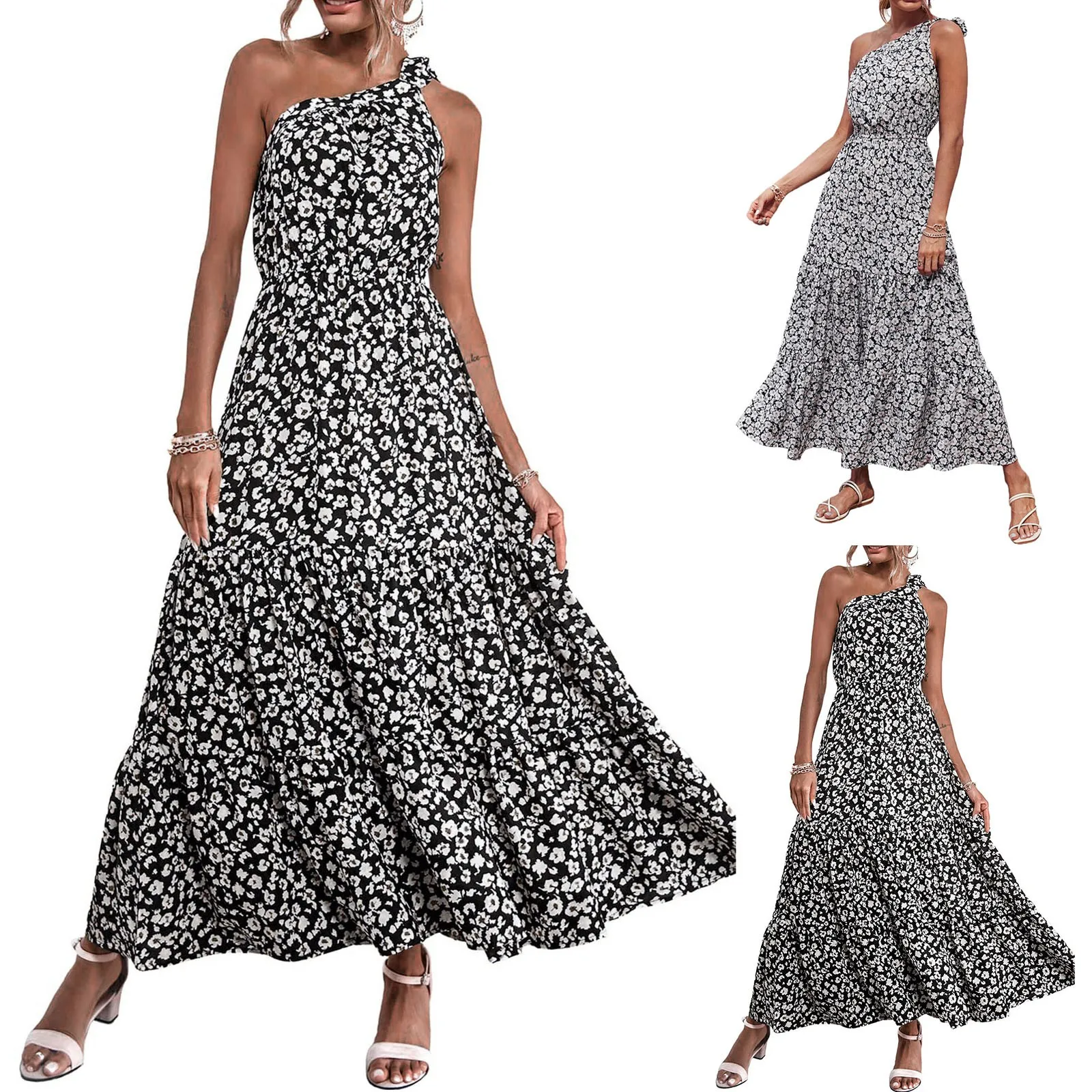 

Womens Summer Floral Dress One Shoulder Sleeveless Knot Ruffled Flowy Bohemian Maxi Dresses Female Elegant Dresses
