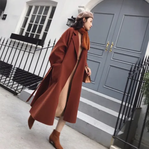 Корейская версия, двустороннее кашемировое пальто для женщин, весна и осень 2022, длинный твидовый жакет выше колена, тренчкот для женщин - изображение