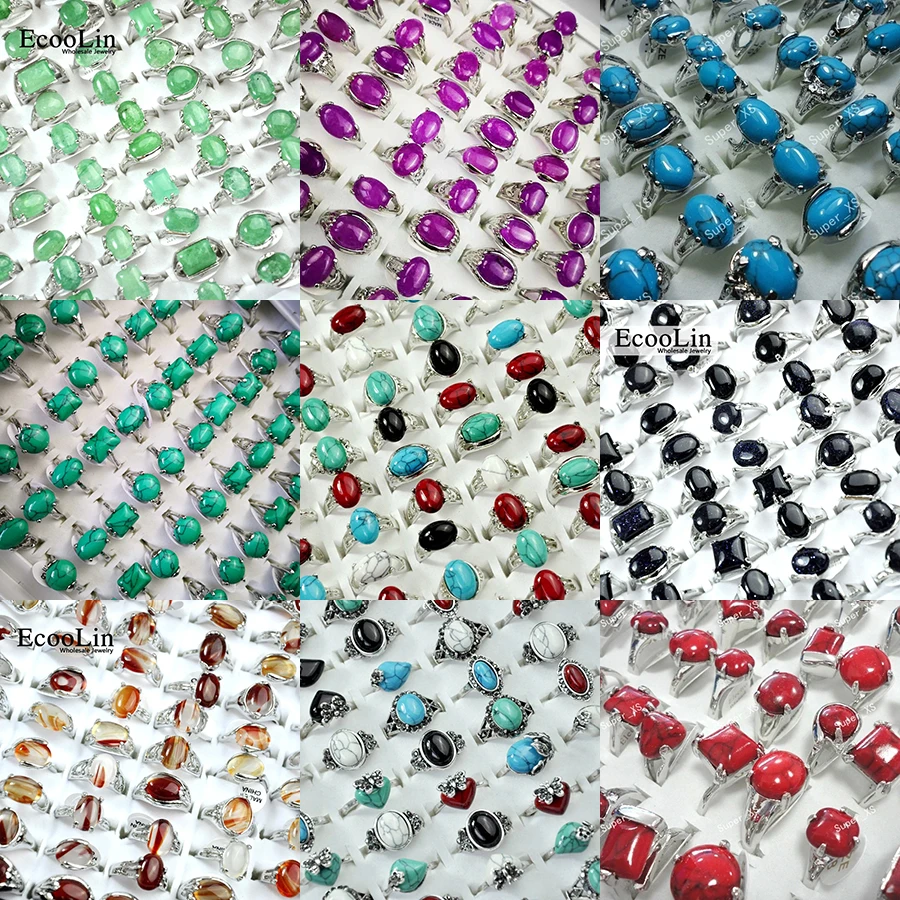 

50Pcs/Lot Factory Wholesale Alloy Finger Rings For Women Jewelry Multicolored Natural Stone Amethyst Crystal Turquoise Malachite