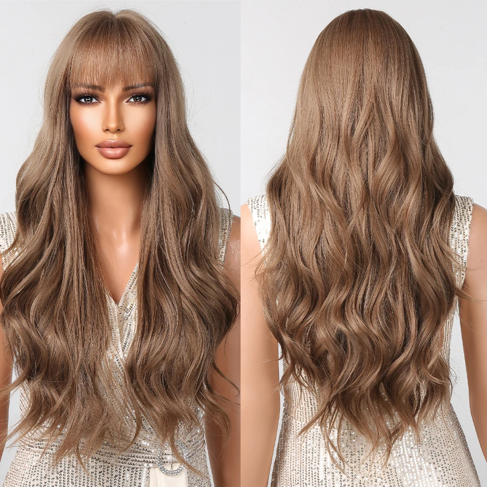 

Light Brown Long Water Wave Synthetic Wigs with Bangs Wavy Hairs Wig for Black Women Natural Daily Cosplay Heat Resistant Fiber