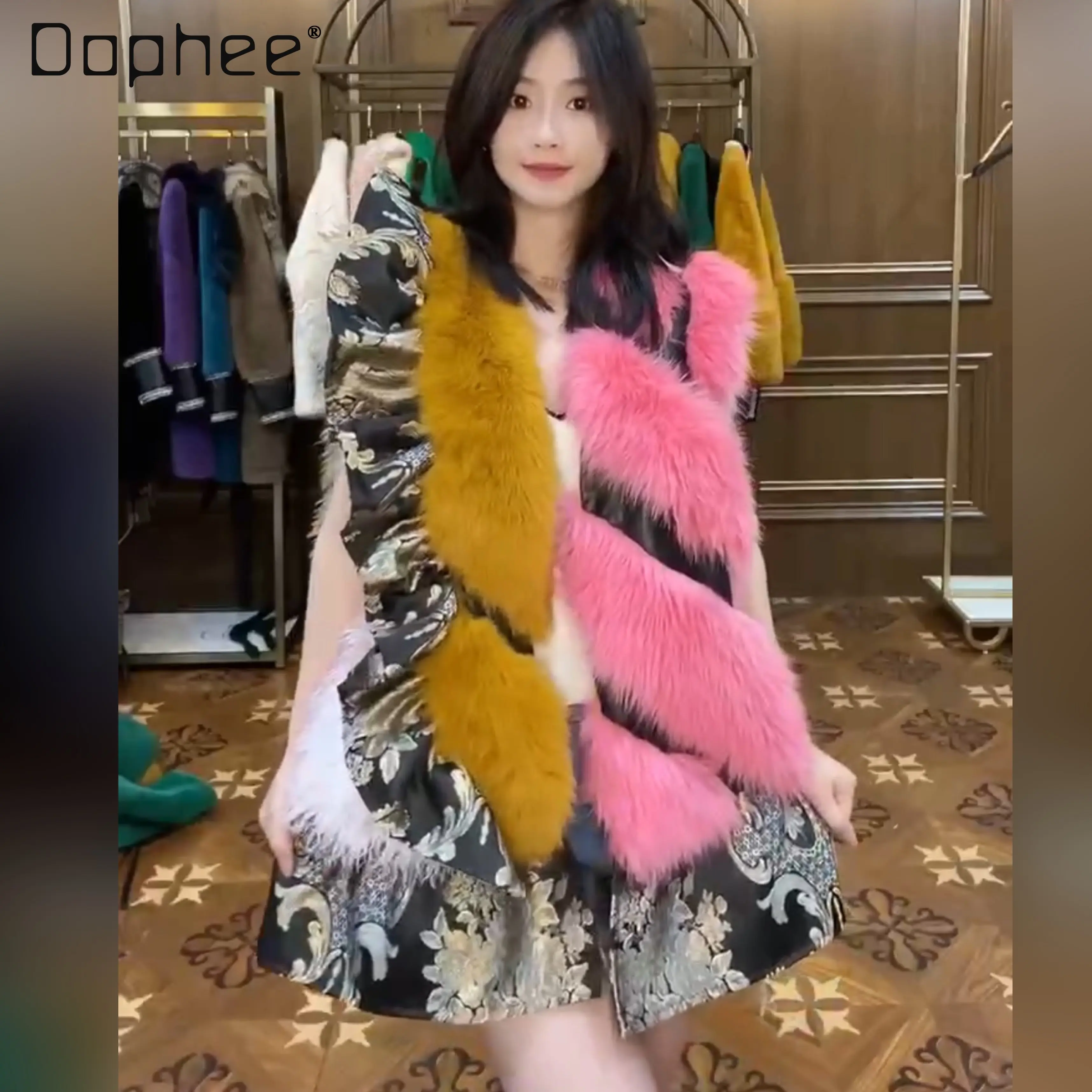

Новинка осенне-зимнее меховое пальто Женская мода с V-образным вырезом контрастный цвет средней длины шерстяная теплая повседневная меховая куртка Женский меховой жилет