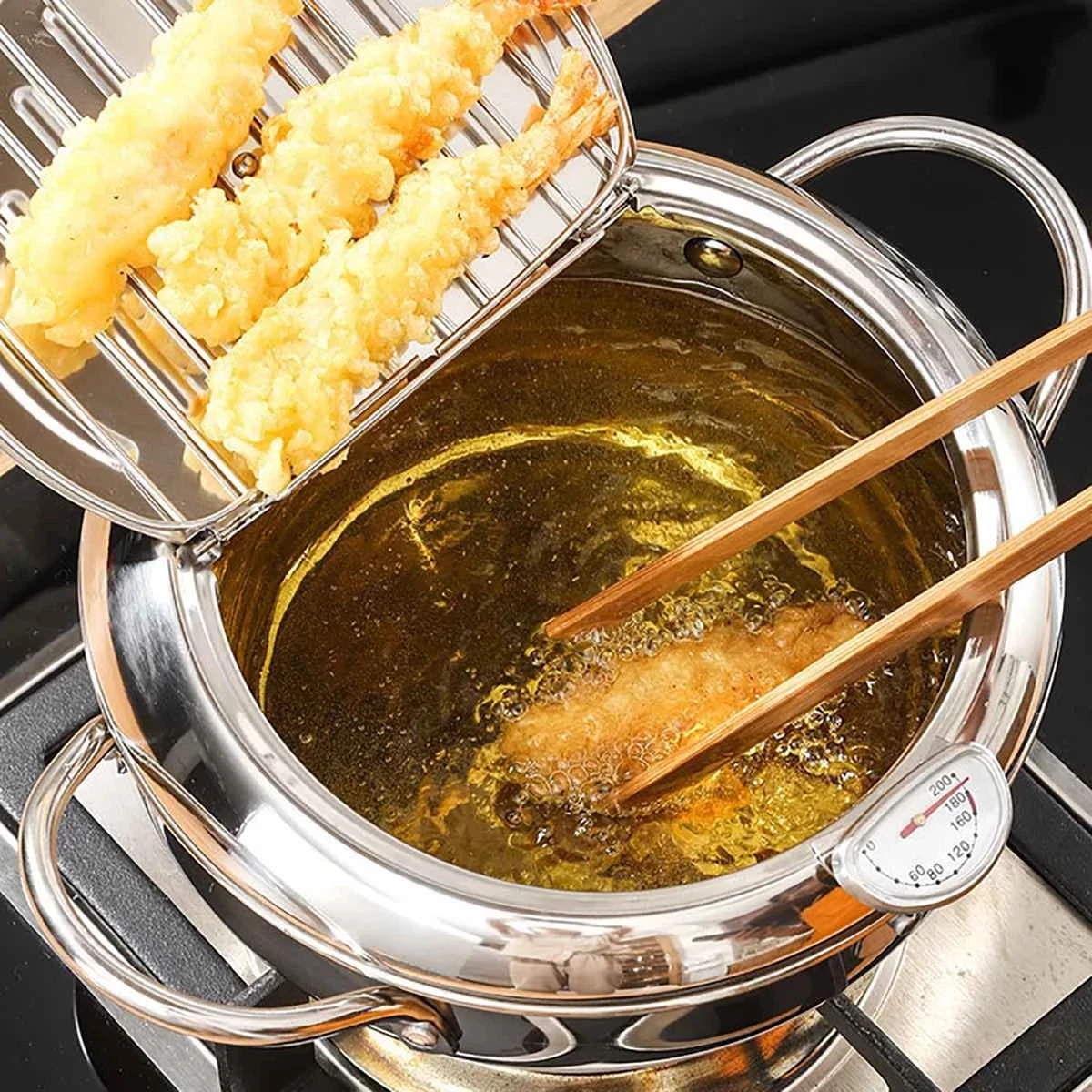 

20/24cm Japanese Deep Frying Pot Lid 304 Stainless Steel Kitchen Tempura Fryer Pan with Thermometer Oil Fitter Cookware Handle