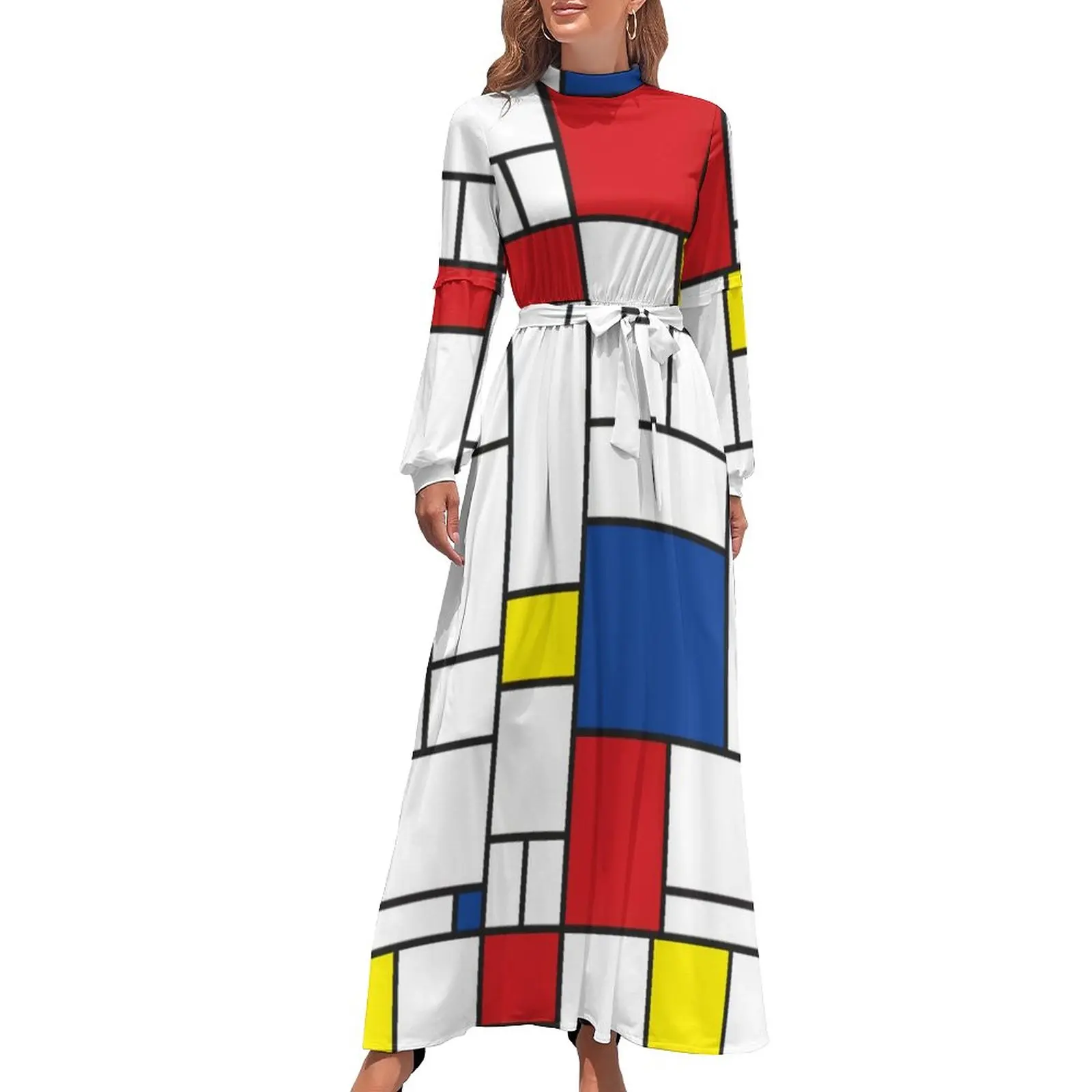 

Retro Mod Geometry Dress Geometric Modern Art Basic Bohemia Dresses Woman Long-Sleeve High Neck Kawaii Long Maxi Dress