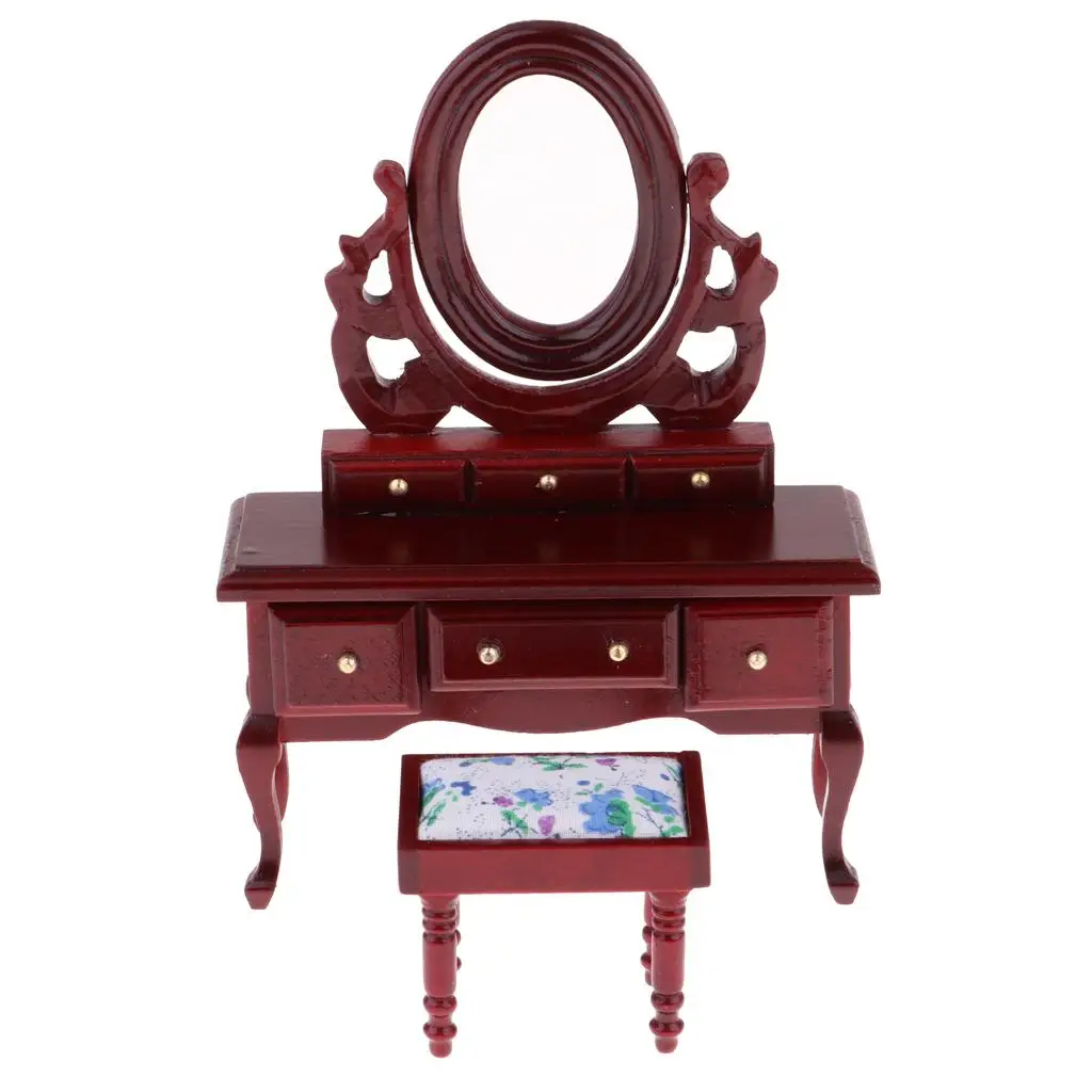 

1:12 Redwood Dressing Table Dresser Stool Set Dollhouse Bedroom Furniture Decoration