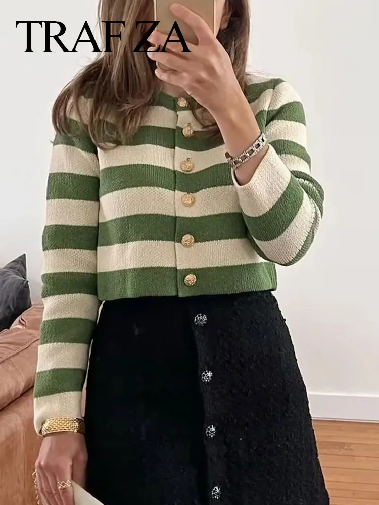 

Кардиган женский трикотажный в полоску, однобортный, с круглым вырезом и длинным рукавом