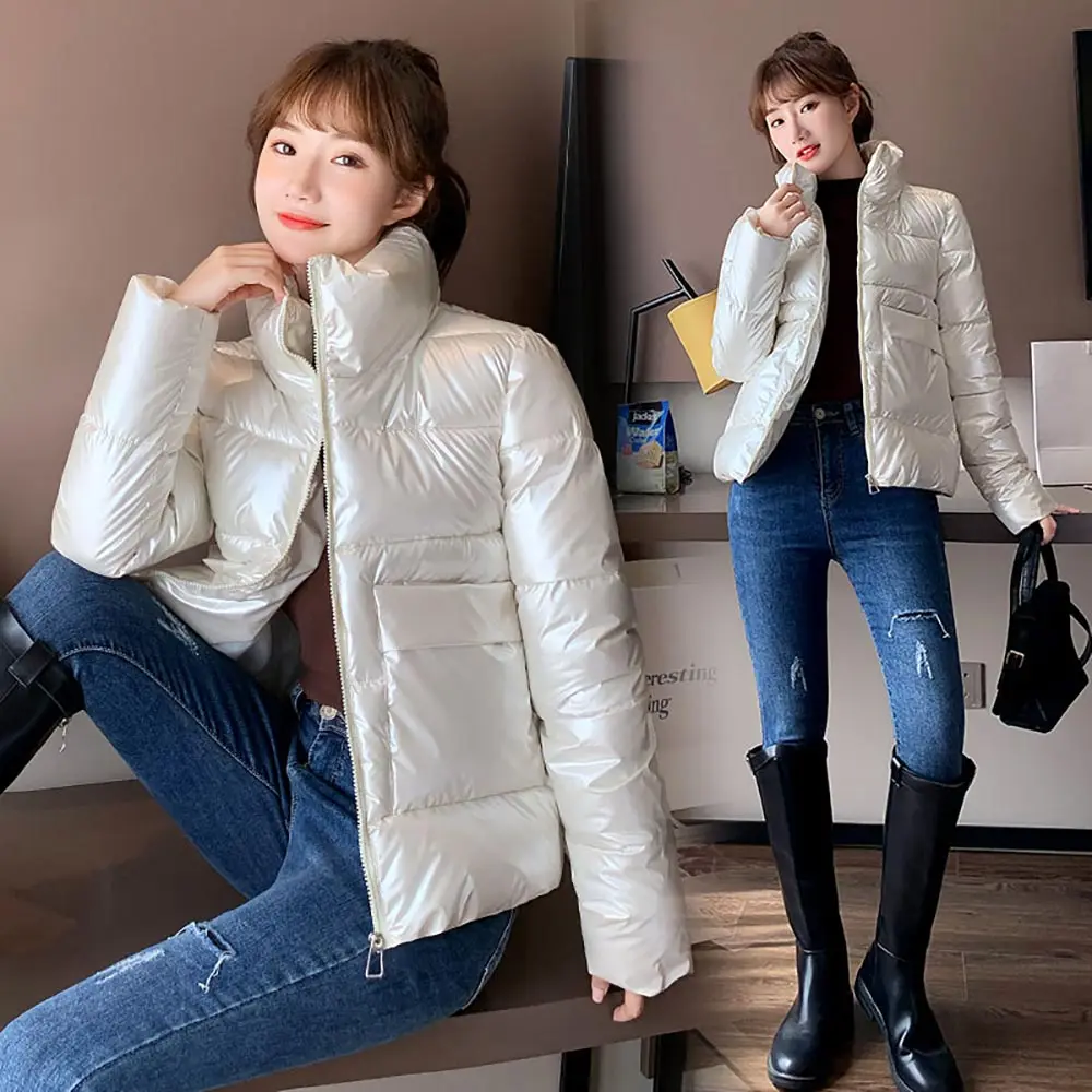 Women Winter Glossy Jacket Parkas 2023 New Fashion Youth Slim Stand Collar Casual Street Warm Autumn Coat Female  Puffer Coat