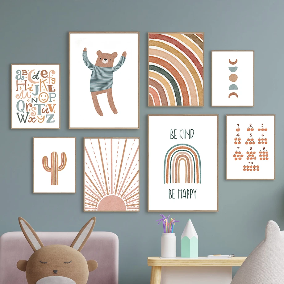 

Number Bear Sun Cactus Rainbow Nordic Posters And Prints Wall Art Canvas Painting Cartoon Wall Pictures For Baby Kids Room Decor
