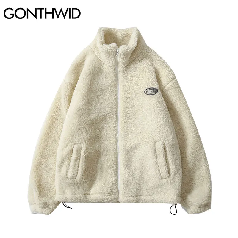 

Hip Hop Winter Fleece Fluffy Jacket Streetwear Harajuku Fuzzy Zipper Coat Men Autumn Solid Color Lightweight Jackets Black Beige