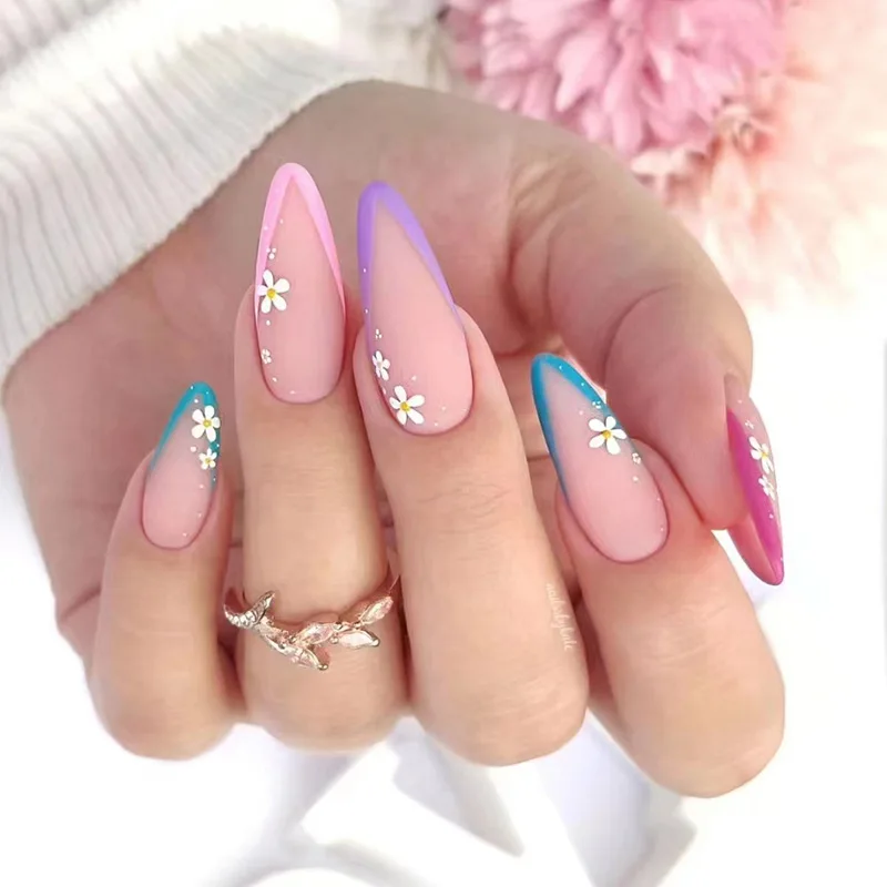 

Fresh Fashion Beauty Tool 24PCS Ballet Fake Nail Summer Almond Nail Scrub Cute Little Crushed Flower Manicure Rainbow Color Nail