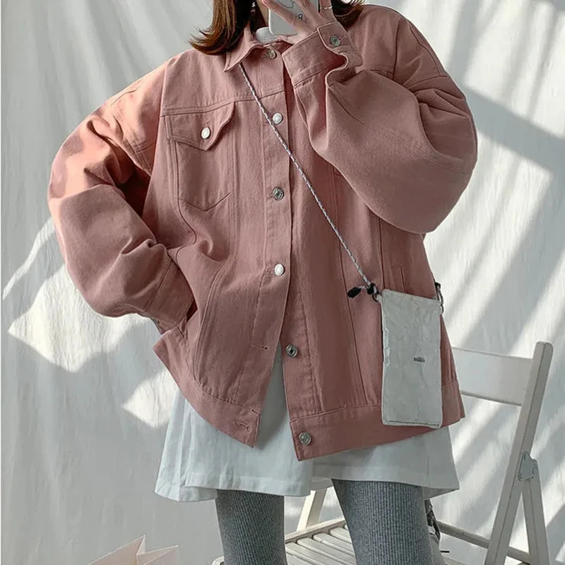 

Spring Autumn Single-breasted Denim Jacket Women Simple Basic Loose Oversized Preppy Style Coat Women Solid Color Women Clothing