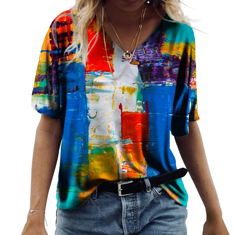 

Vintage Clothes New Oversized T-shirt for Women 2023 Harajuku Spring Summer Tees Casual Short Sleeve V-Neck 3D Print Top Camisas