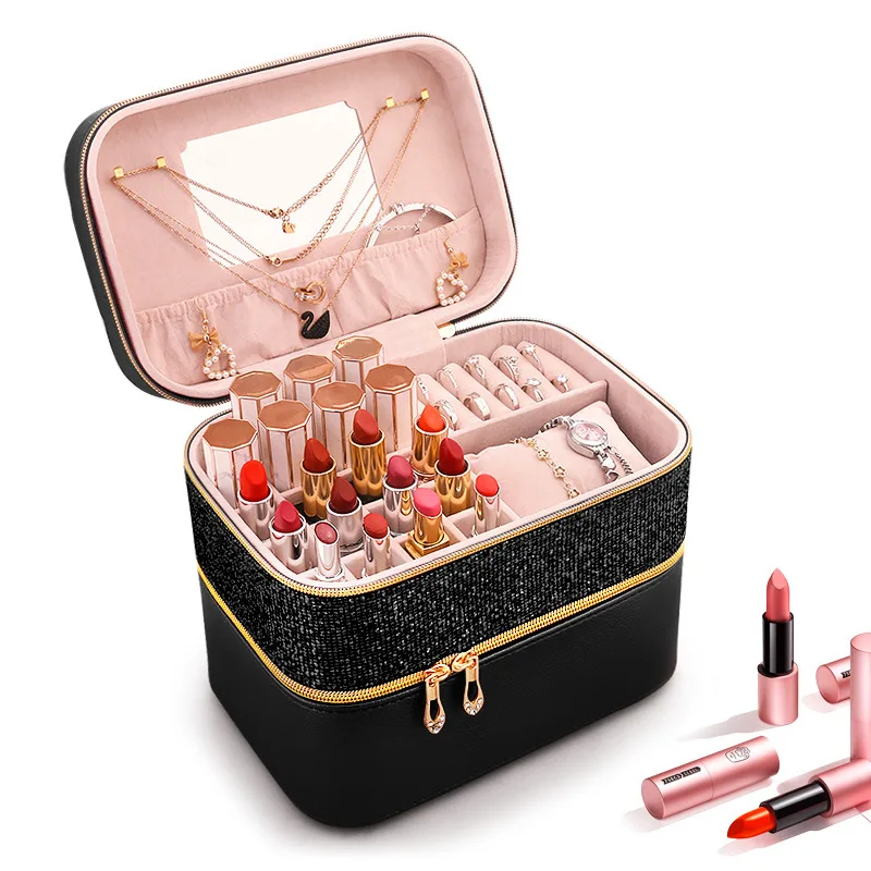 

New Women Large Makeup Bag Girl Cosmetic Jewelry Case High Quality Leather Female Make Up Box Luxury Fashion Travel Wash Bags