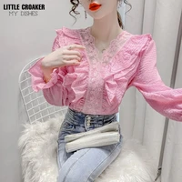 elegant v neck ruffle lace pink blouse for women shirts new fashion flare sleeve pullover tops lady casual solid commuter blusa