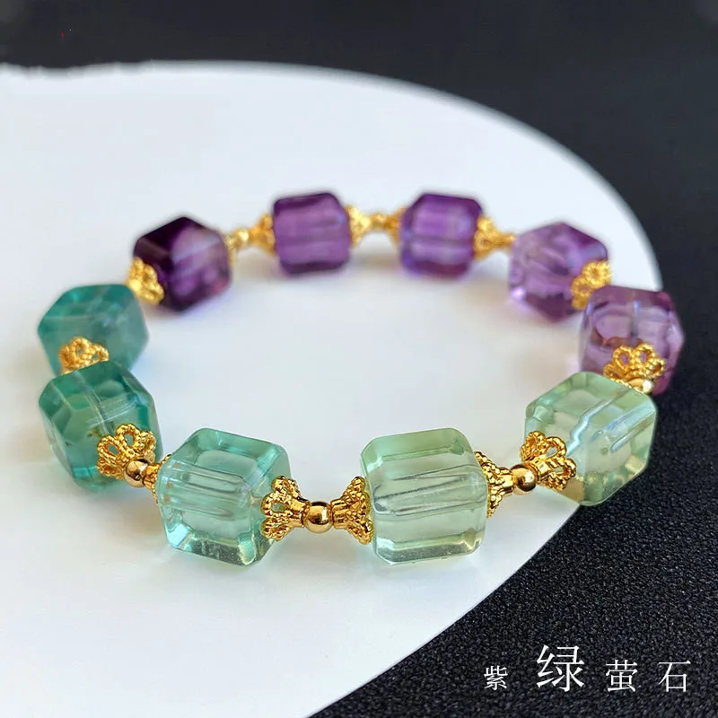

Natural Purple Green Fluorite Quartz Clear Cube Beads Bracelet Fashion Jewelry 10x10mm Rainbow Fluorite Women Men Love AAAAA