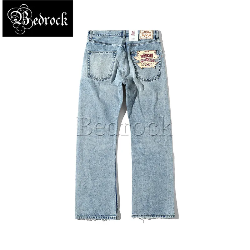 MBBCAR 80's disco culture modern retro flared pants 15oz Bell-Bottoms light blue one washed selvedge denim jeans for men 7436