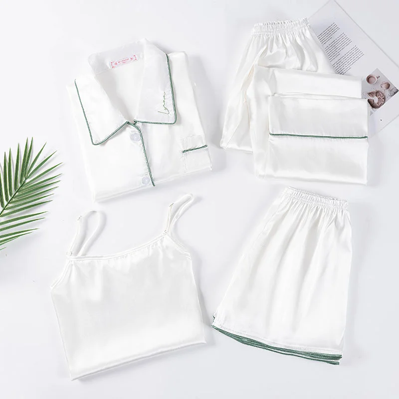 Women's Pajamas Set Full Sleeve T-shirt Long Pants 4Piece/Set Sexy Rayon Silk Pyjama Mom Homewear Cozy Plus Size Loose Sleepwear