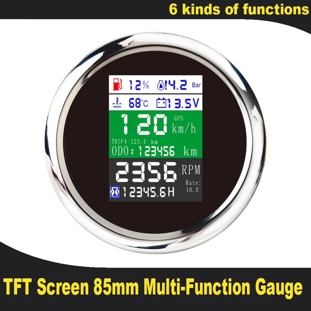 New 85mm GPS Speedometer Tachometer Fuel Level Water Temp Oil Pressure 10 Bar Multi-functional Digital Gauge With Alarm