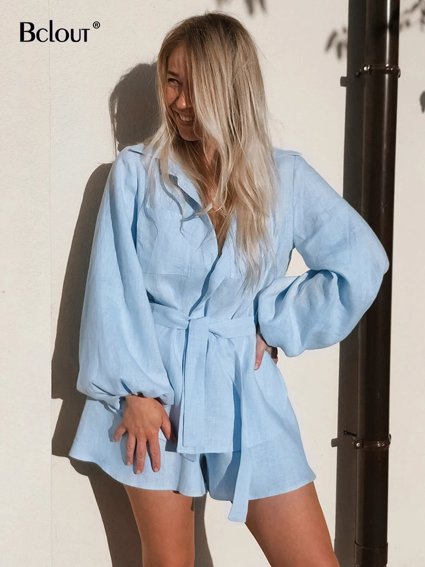 

Bclout Summer Blue Linen Shorts Sets Women 2 Pieces Vacation Lantern Sleeve Lace-Up Tops Elegant Sexy Wide Leg Shorts Suits 2023