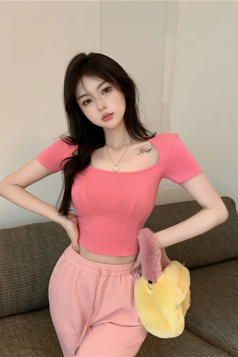 

A New white short-sleeved t-shirt women's short slim high-waisted cotton all-match tight body shirt spring and summer white t