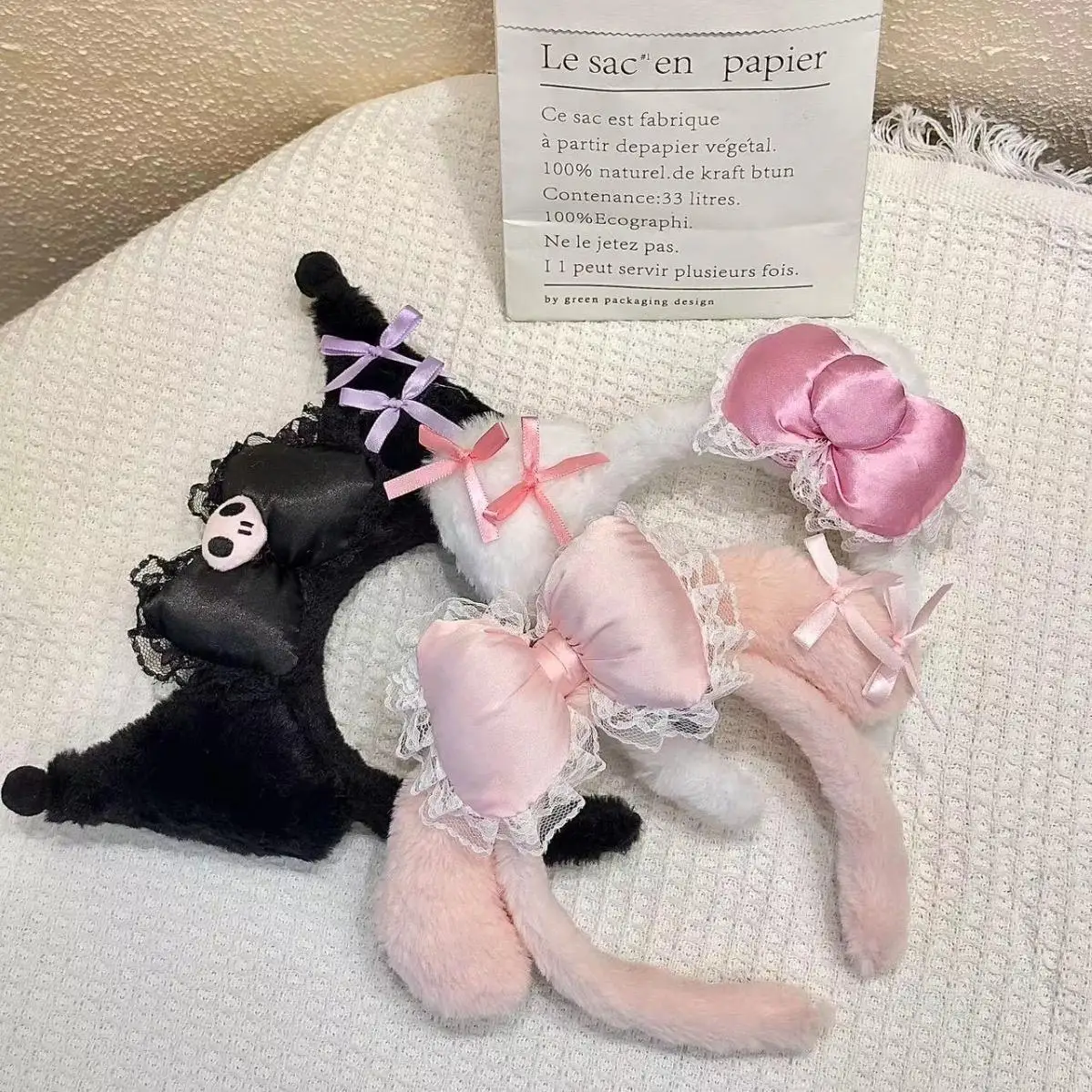 Фото Повязка на голову с розовым бантом My Melody и черной плюшевой заколкой Kuromi для костюма на Хэллоуин, аксессуар для волос Kawaii, обруч для волос для косплея №3
