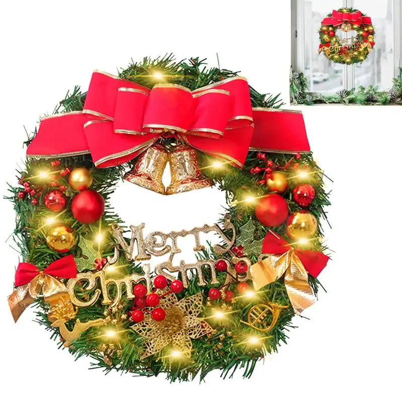 

Christmas Wreath With Lights 20 LEDs 30cm Holiday Wreaths For Front Door Merry Christmas Red Bow Knot Front Door Wall Window