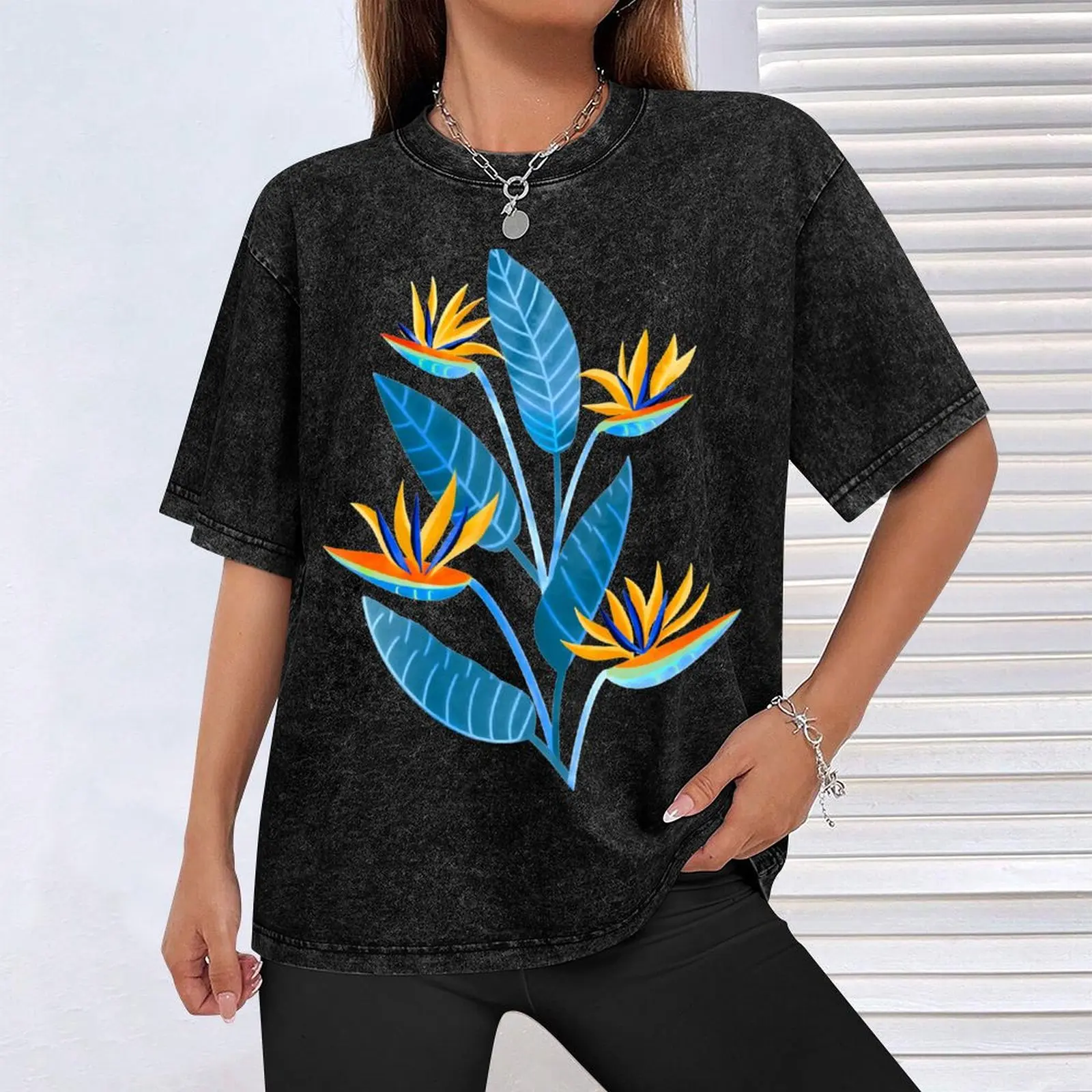 Strelitzia Flowers-кобальтовая синяя футболка футболки с прикреплением