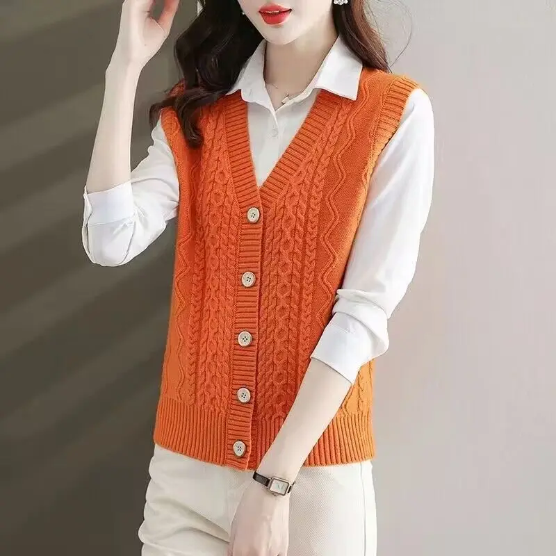 

Women 2023 Autumn and Winter Vest Sweater Fashion Loose Knitted V Neck Sleeveless Vents Female Waistcoat Chic Tops News H130