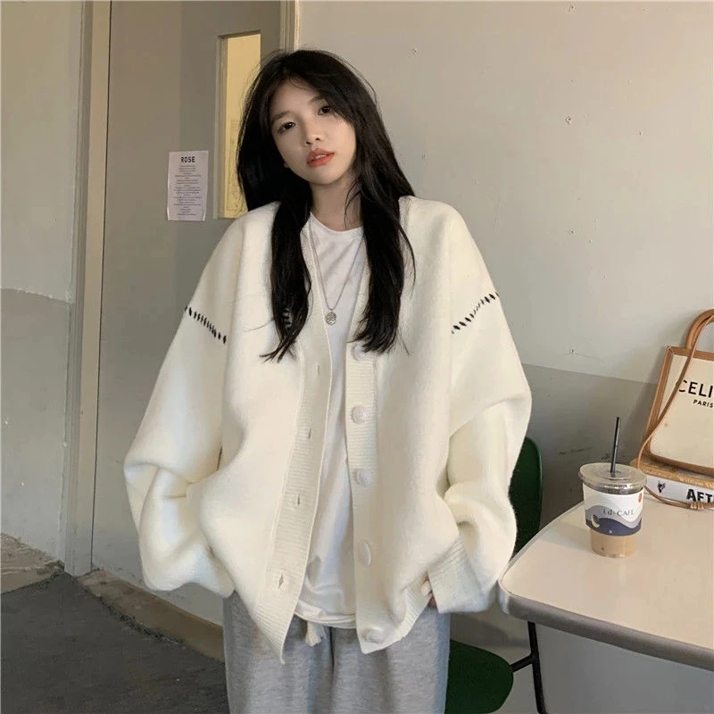 

Knitting Sweater Cardigan Women Autumn Winter Lazy Wind Soft Sweet Female Coat Korean V-neck long sleeves Loose Wear Outer