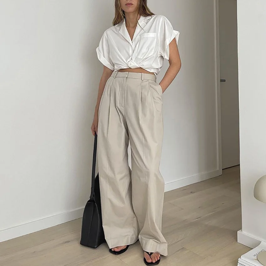 

High Waist Wide Leg Pants 2023 Summer Solid French Style Versatile Casual Beige Suit Pants For Women Loose Form Crimping Design