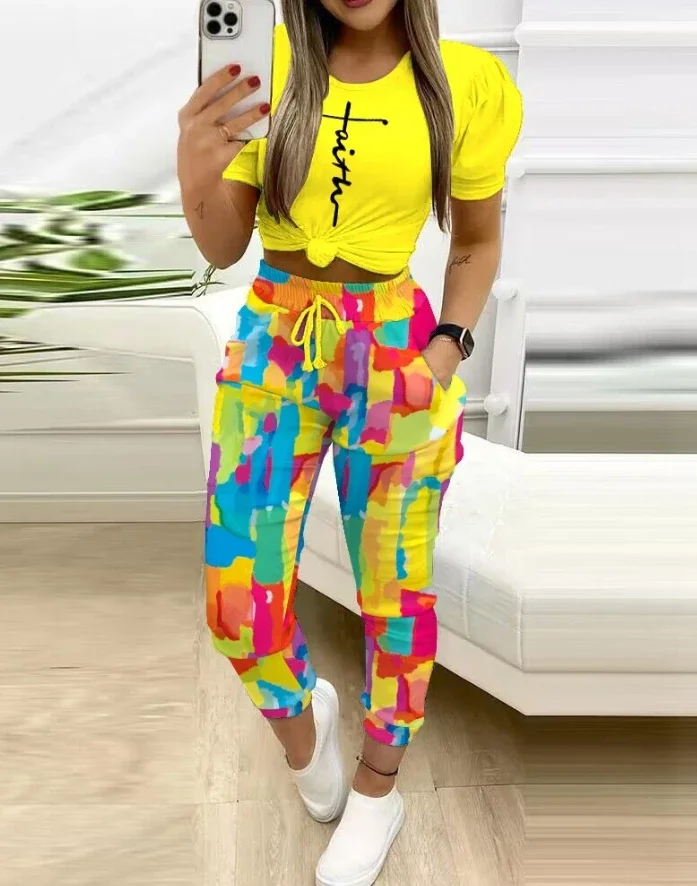 Женский костюм с леопардовым принтом Разноцветные Повседневные брюки и топ
