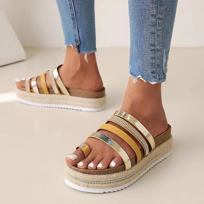 

Peep Toe Women Crystal Slippers Ladies Blling Beach Flats Shoes Summer Fashion Casual Narrow Slides Gladiator Sandals Platform