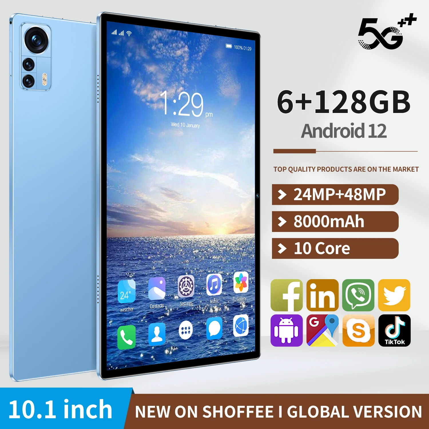 

New 10.1-inch 5G tablet Android 10.0 eight core mobile phone calls Google Play 6GB RAM 128GB ROM tablet PC WiFi Bluetooth Type-C