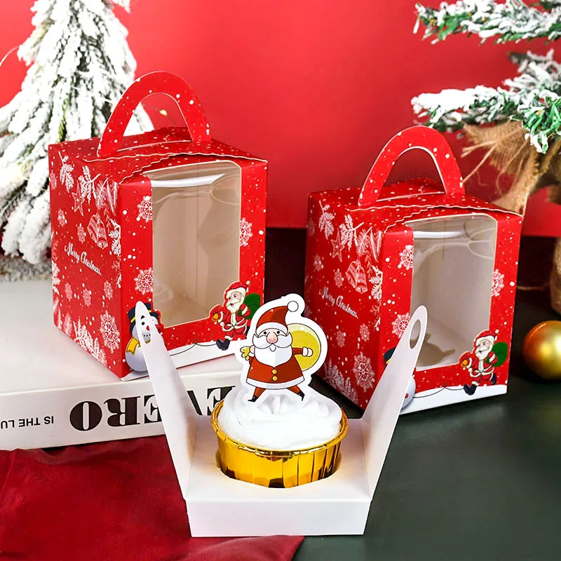 

4PCS PVC Clear Window Christmas Cake Box Portable Muffin Case Handmade Cookie Cupcake Gift Packaing Xmas New Year Party Favors