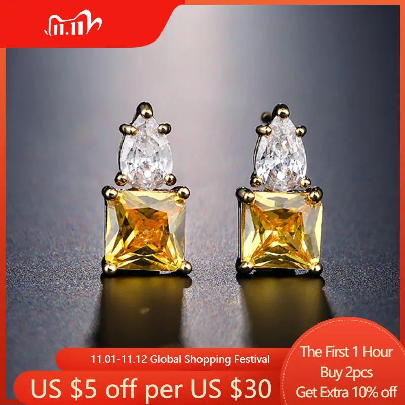 

Fashion Luxury Yellow Square Zirconia Long Earrings Crystal Drop Earrings Shiny Leaf Bridal Wedding Jewelry for Women