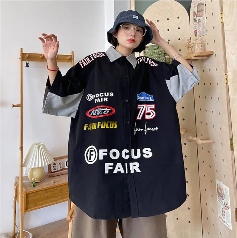 

Grunge Y2k Vintage Graphics Top Black Oversize Shirt Button Up Shirt Harajuku Fashion Printing Women Blouse Summer 2023 Trend