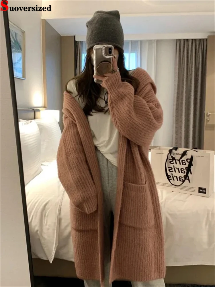 

Fall Winter Women's Knitwears Gilet Korean Casual Sweater Thicken Hooded Mid-lenght Knitted Cardigan Loose Long Sleeve Tops